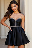 Sparkly Black Satin A Line Short Homecoming Dress with Beading