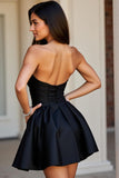 Sparkly Black Satin A Line Short Homecoming Dress with Beading