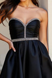 Sparkly Black Satin A Line Short Homecoming Dress with Beading