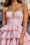 Pink Floral A Line Spaghetti Straps Tiered Short Homecoming Dress