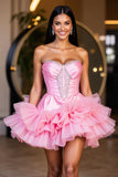 Sparkly Hot Pink A Line Strapless Tiered Short Homecoming Dress
