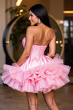 Sparkly Hot Pink A Line Strapless Tiered Short Homecoming Dress