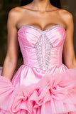 Sparkly Hot Pink A Line Strapless Tiered Short Homecoming Dress