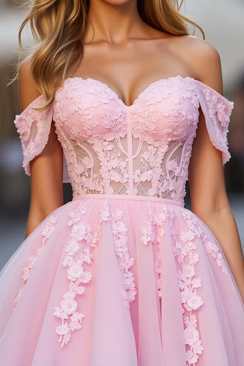 Floral Pink Corset Tulle Off the Shoulder Short Homecoming Dress with Lace