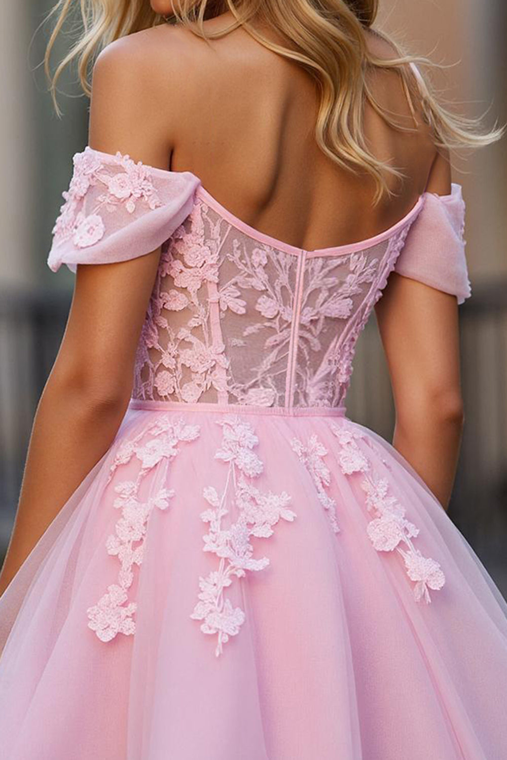 Floral Pink Corset Tulle Off the Shoulder Short Homecoming Dress with Lace