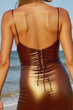 Coffee Tight Spaghetti Straps Metallic Short Homecoming Dress