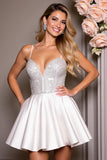 Sparkly White Satin A Line Short Homecoming Dress with Beading