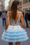 White Blue Flower Short Homecoming Dress with Ruffles