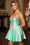 Sparkly Green Satin Spaghetti Straps Short Homecoming Dress wiith Beading