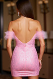 Pink Off the Shoulder Tight Short Lace Homecoming Dress