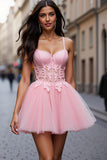 Pink Corset Tulle A Line Short Homecoming Dress with Lace