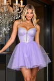 Sparkly Purple A Line Tulle Short Homecoming Dress with Beading