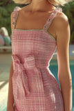 Sparkly Pink Plaid Tight Tweed Cami Short Homecoming Dress with Bow