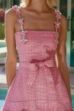 Sparkly Pink Plaid Cami Tweed Short Homecoming Dress with Rhinestone