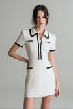 White Tweed Tight Short Sleeves Pageant Interview Dress with Buttons