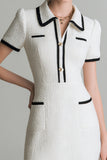 White Tweed Tight Short Sleeves Pageant Interview Dress with Buttons