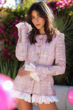 Pink Plaid Ruffled Tight Short Tweed Homecoming Dress with Buttons