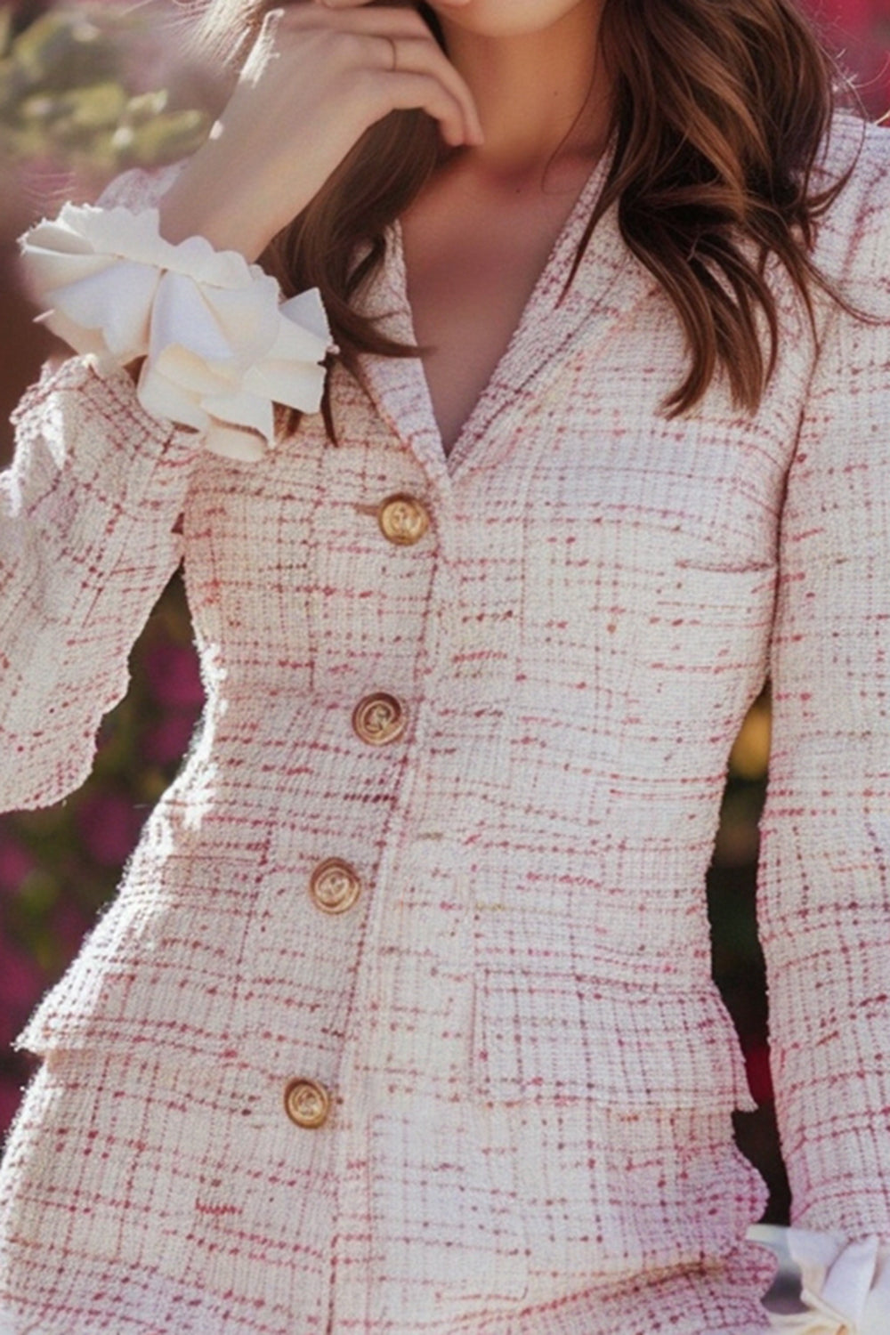 Light Pink Plaid Tweed Ruffled Tight Short Homecoming Dress with Buttons