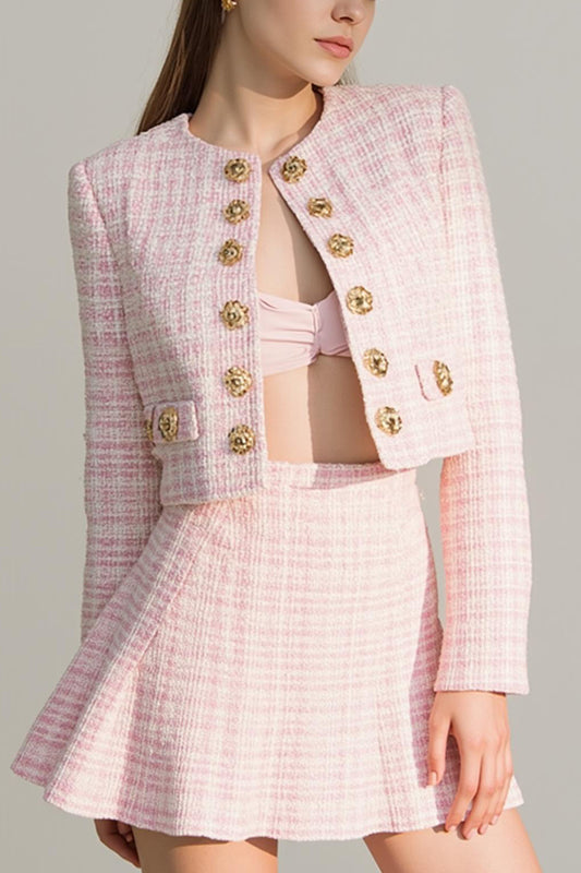 Pink Plaid Tweed 2 Piece Homecoming Outfits with Buttons