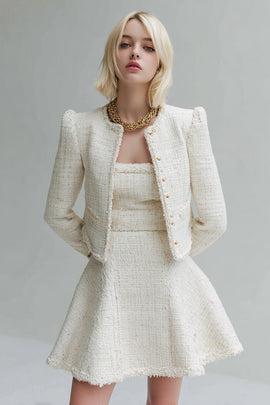 White 2 Piece Tweed Homecoming Outfits with Sleeves