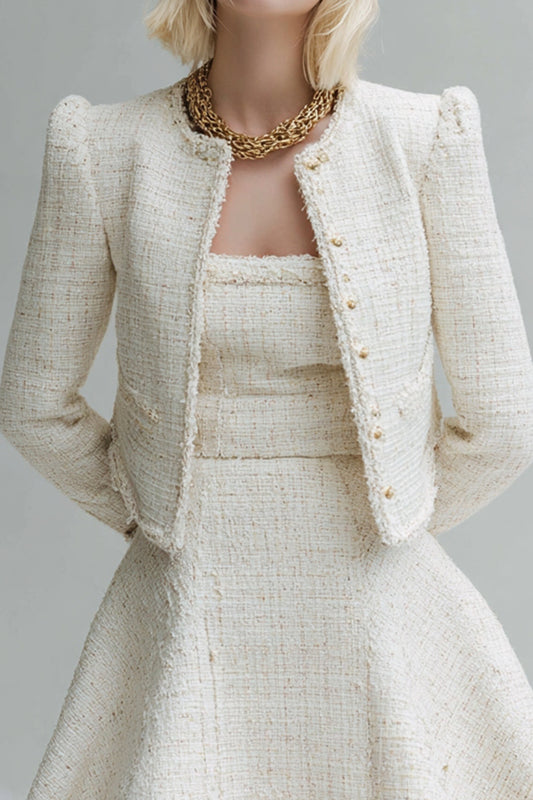 White 2 Piece Tweed Homecoming Outfits with Sleeves