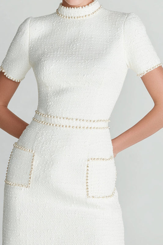 White Tweed High Neck Tight Short Homecoming Dress with Pearls