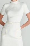 White Tweed High Neck Tight Short Homecoming Dress with Pearls