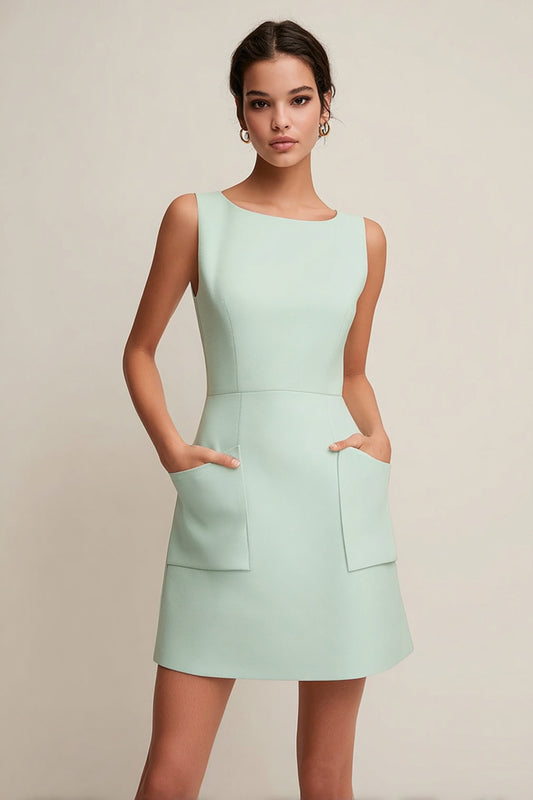Simple Green Boat Neck Short Pageant Interview Dress with Pockets