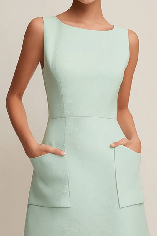 Simple Green Boat Neck Short Pageant Interview Dress with Pockets