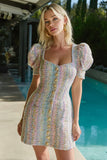 Pink and Blue Tight Tweed Puff Sleeves Short Homecoming Dress