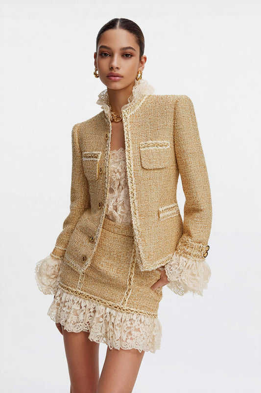 Golden Tight 2 Piece Ruffled Tweed Homecoming Outfits with Lace