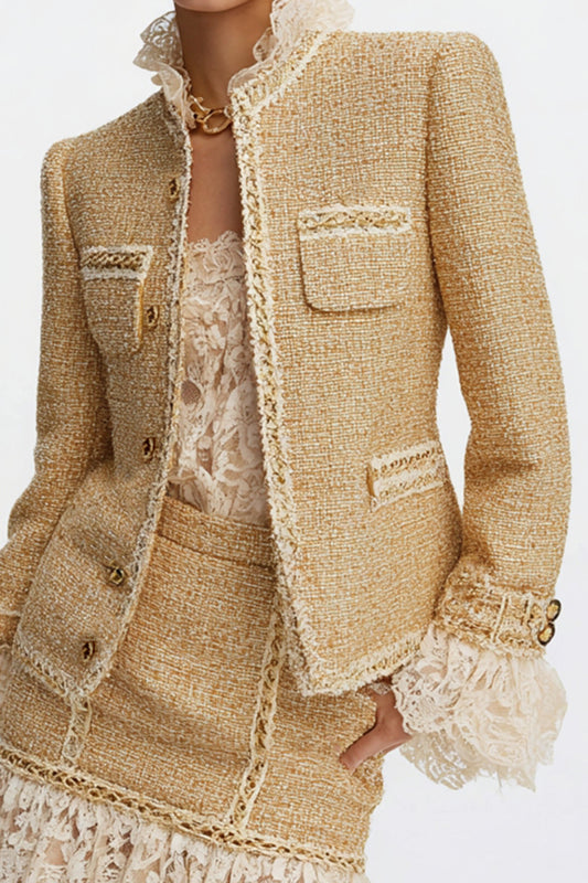 Golden Tight 2 Piece Ruffled Tweed Homecoming Outfits with Lace