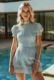 Blue Plaid Tight High Neck Tweed Short Homecoming Dress with Sleeves
