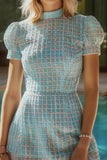 Blue Plaid Tight High Neck Tweed Short Homecoming Dress with Sleeves