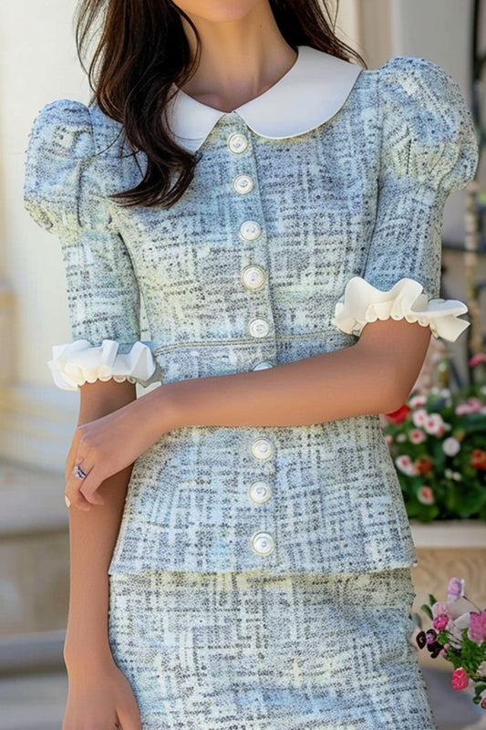 Blue 2 Piece Plaid Tight Tweed Ruffled Homecoming Outfits with Buttons
