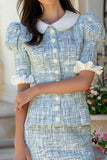 Blue 2 Piece Plaid Tight Tweed Ruffled Homecoming Outfits with Buttons