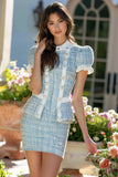 Blue 2 Piece Tweed Ruffled Tight Homecoming Outfits with Buttons