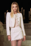 White 2 Piece Round Neck Tweed Homecoming Outfits with Sleeves