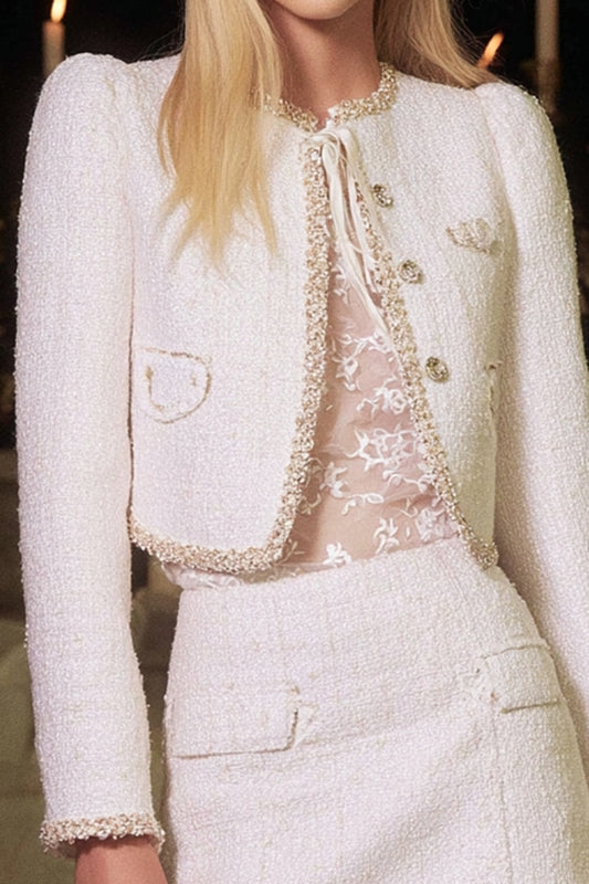 White 2 Piece Round Neck Tweed Homecoming Outfits with Sleeves