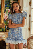 Blue Tweed Bateau Neck Tight Short Homecoming Dress with Sleeves