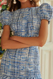 Blue Tweed Bateau Neck Tight Short Homecoming Dress with Sleeves