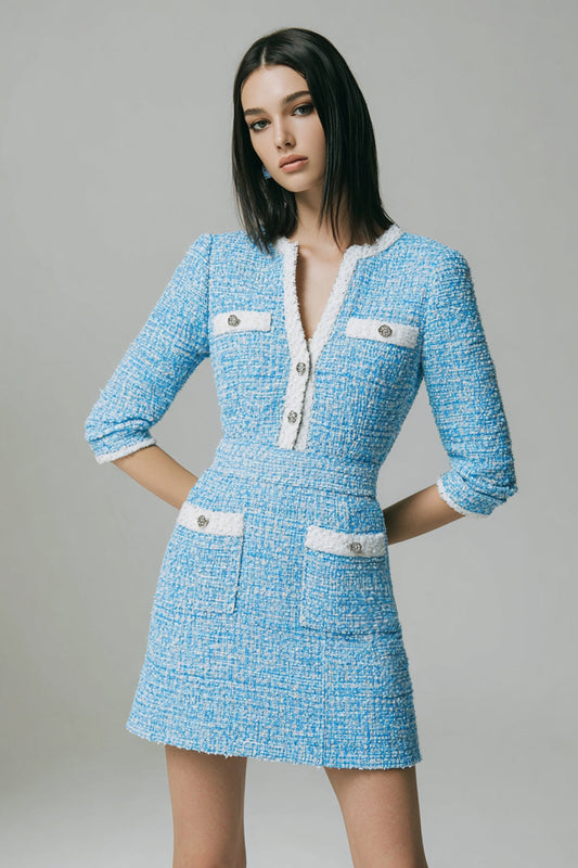 Blue Tweed V-Neck Buttons Short Homecoming Dress with Sleeves