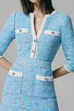 Blue Tweed V-Neck Buttons Short Homecoming Dress with Sleeves