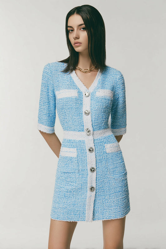 Blue Tweed Tight V-Neck Buttons Short Homecoming Dress