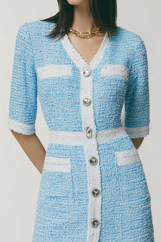 Blue Tweed Tight V-Neck Buttons Short Homecoming Dress