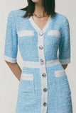 Blue Tweed Tight V-Neck Buttons Short Homecoming Dress
