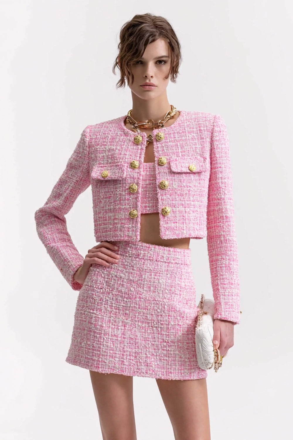 3 Piece Pink Tweed Short Blazer Homecoming Outfits with Pockets