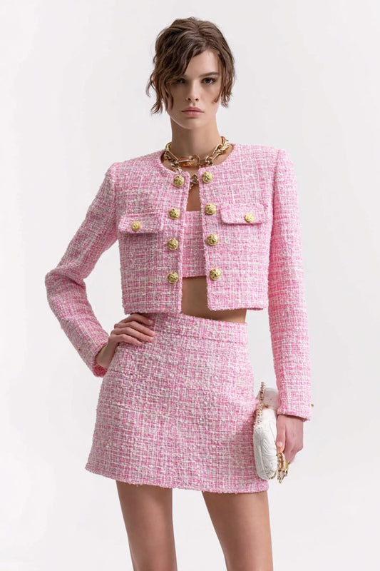 3 Piece Pink Tweed Short Blazer Homecoming Outfits with Pockets