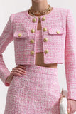 3 Piece Pink Tweed Short Blazer Homecoming Outfits with Pockets