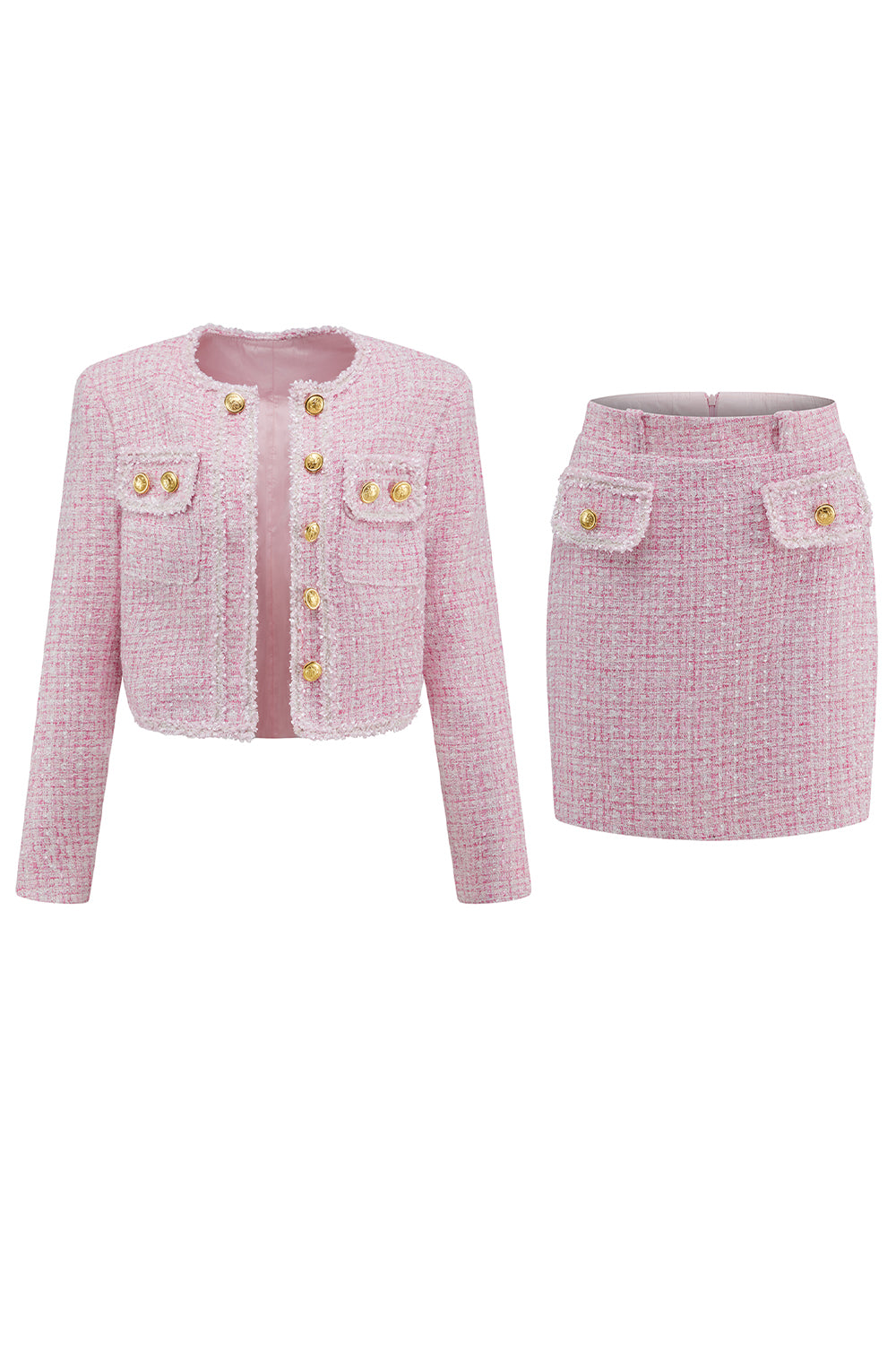 Pink Tweed 2 Piece Short Blazer Homecoming Outfits with Pockets